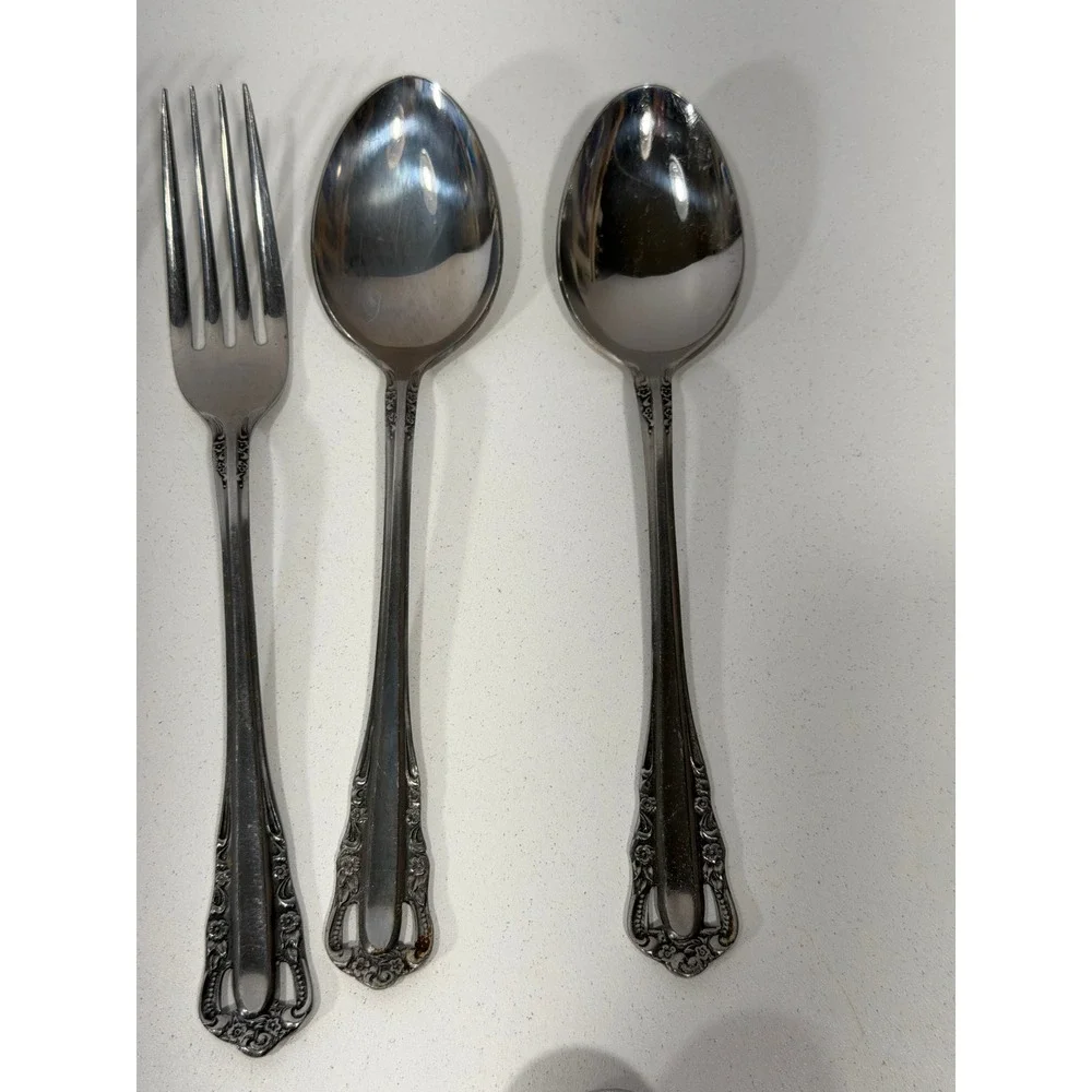 Vintage Ornate Floral Stainless Steel Flatware Set 37 Pieces Knives Forks Spoons